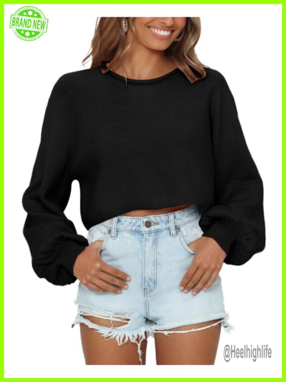 Crop Sweater Lantern Sleeve Crewneck Pullover Loose Fit Y2K Style Women
